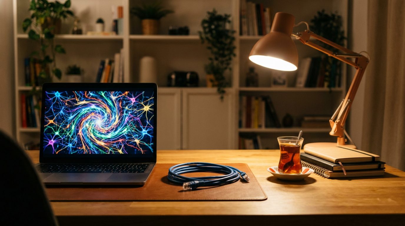 لپ‌تاپ در حال اجرای مدل هوش مصنوعی محلی روی میز کار شبانه با کابل شبکه جداشده