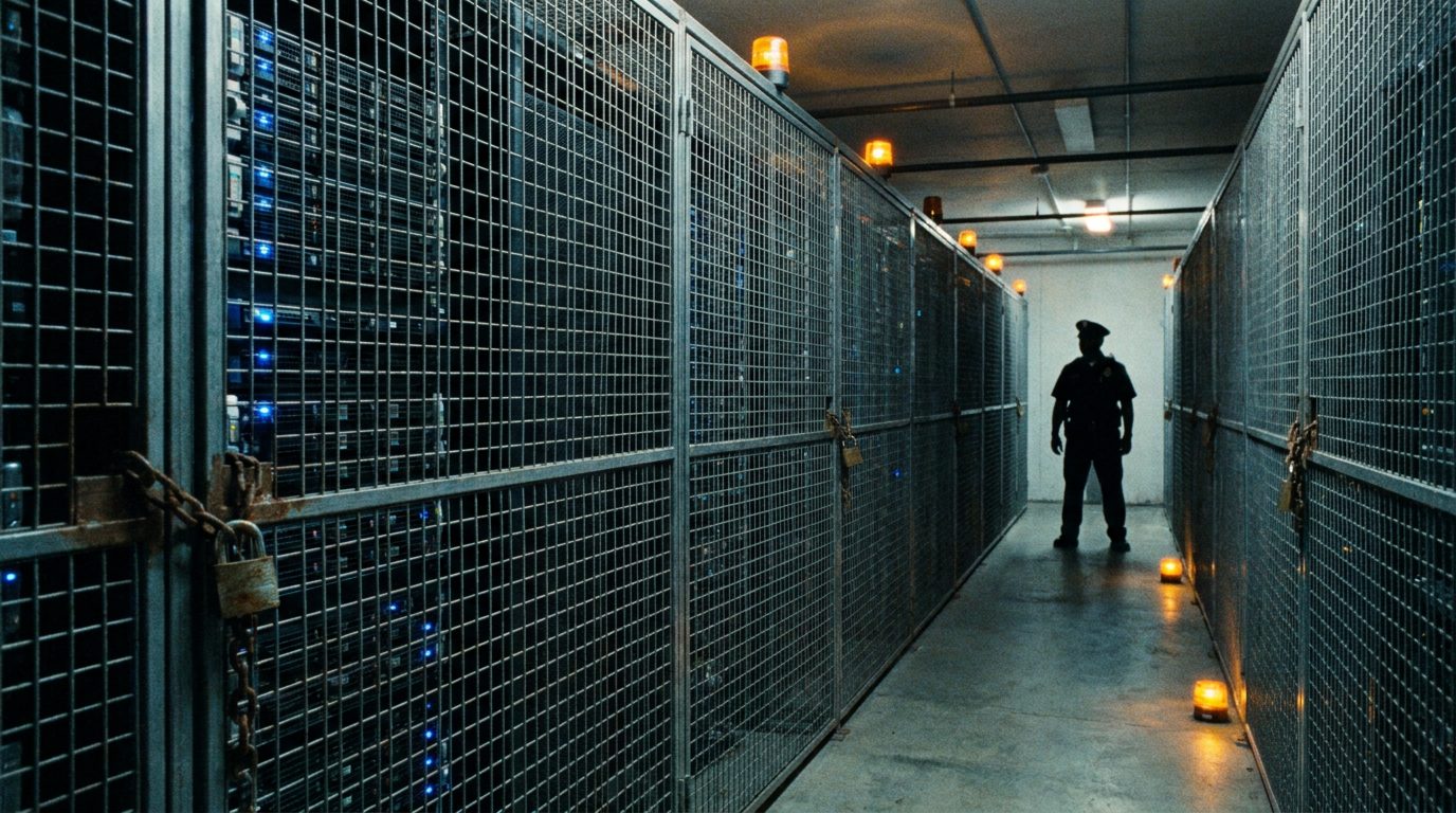 ردیف رک‌های GPU پشت قفس‌های امنیتی — نمادی از جیره‌بندی قدرت محاسباتی